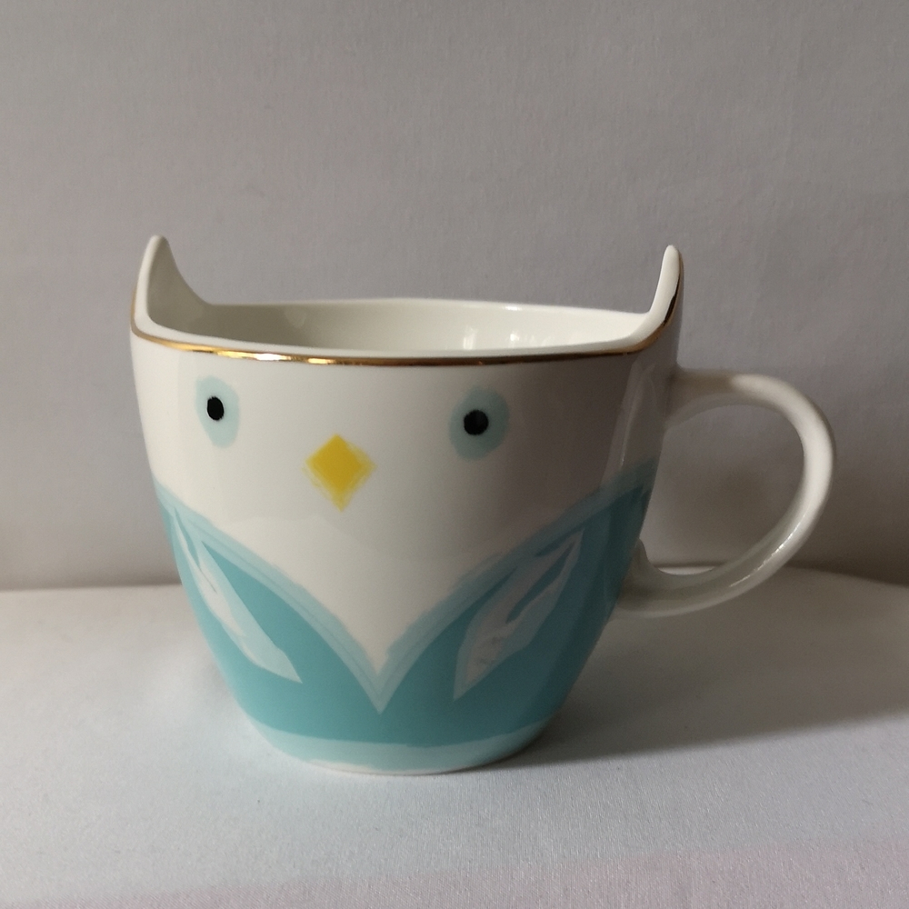 Urban Gourmet Ceramic Owl Coffee or Tea Mug, Blue with Yellow Nose Gold Trim